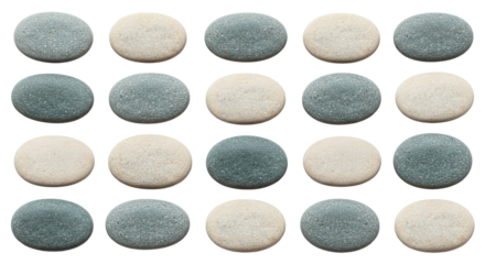 An artistic arrangement of smooth gray and beige stones against a black backdrop.