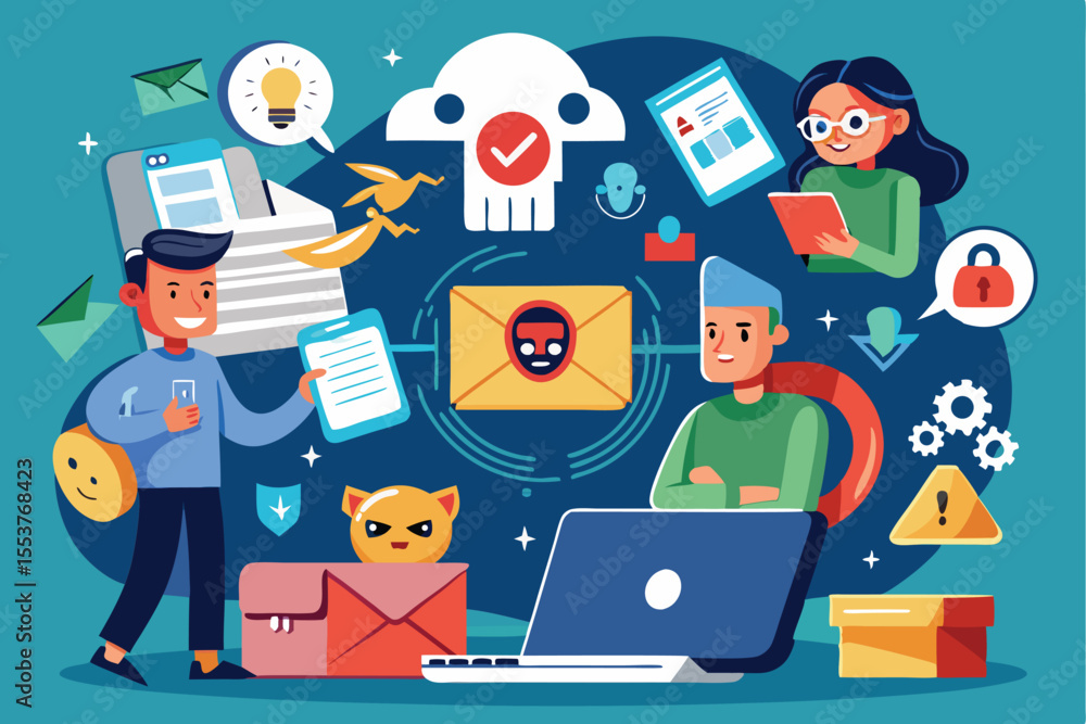 Poster cyber crime characters discussing personal data breaches and unauthorized access during a digital se