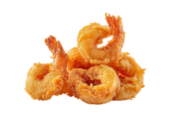 PNG Crispy golden fried shrimp on black background