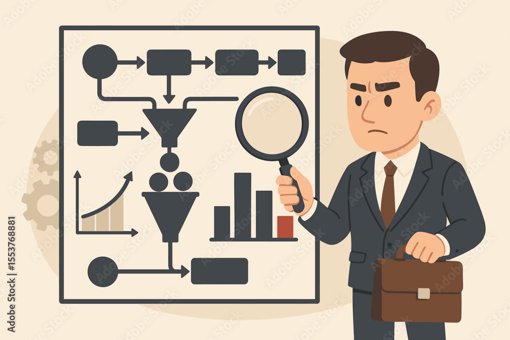 Poster businessman analyzing workflow bottlenecks with magnifying glass, process optimization, data analysi