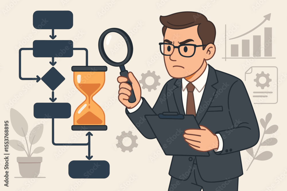 Poster businessman analyzing workflow process bottlenecks with magnifying glass, hourglass and flowchart. e