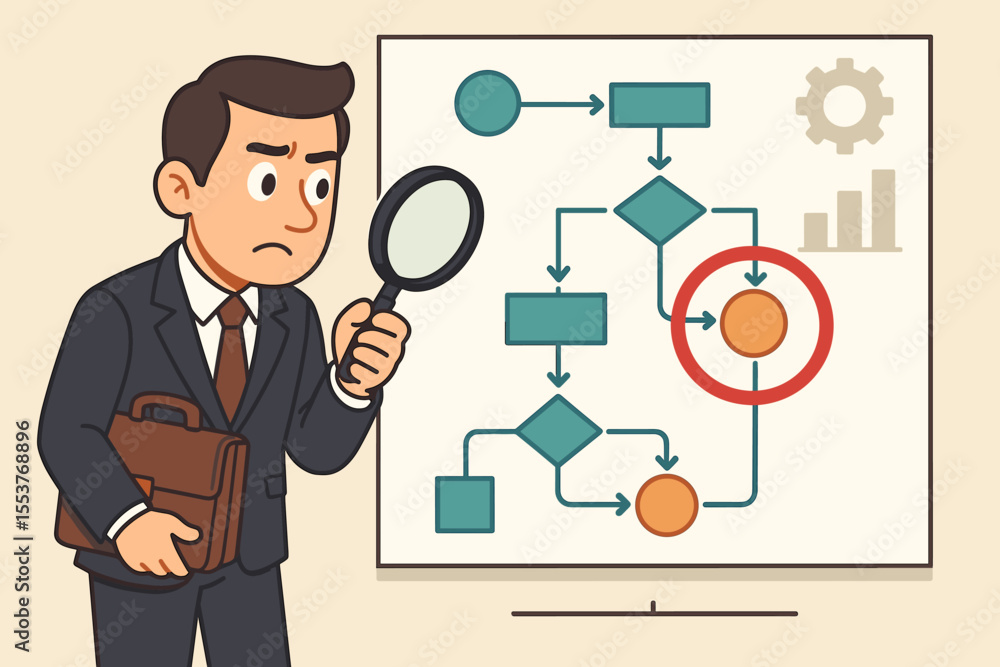 Aufkleber businessman examining workflow bottlenecks with magnifying glass, process optimization, system analy