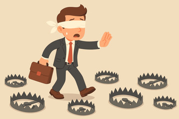 Blindfolded businessman avoiding bear traps. Metaphor for corporate risk management, business uncertainty, investment danger, and facing challenges and obstacles in career path.