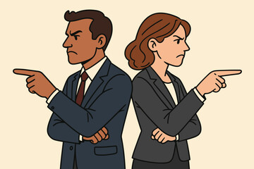 Business partners disagreement conflict of interest. Man and woman in suits pointing opposite directions. Corporate confrontation, workplace argument, office dispute, vector cartoon illustration