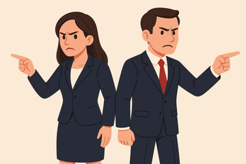 Business partners disagreement, conflict of interest, man and woman in suits pointing opposite directions, corporate confrontation, workplace argument, office dispute, vector cartoon illustration