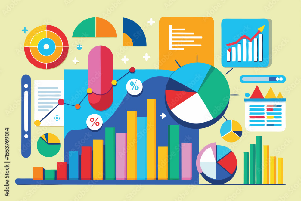 Poster colorful charts and graphs illustrate customizable data analytics for business insights and presenta