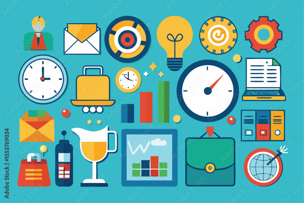 Poster collection of business icons depicting various tools and symbols associated with productivity and ti