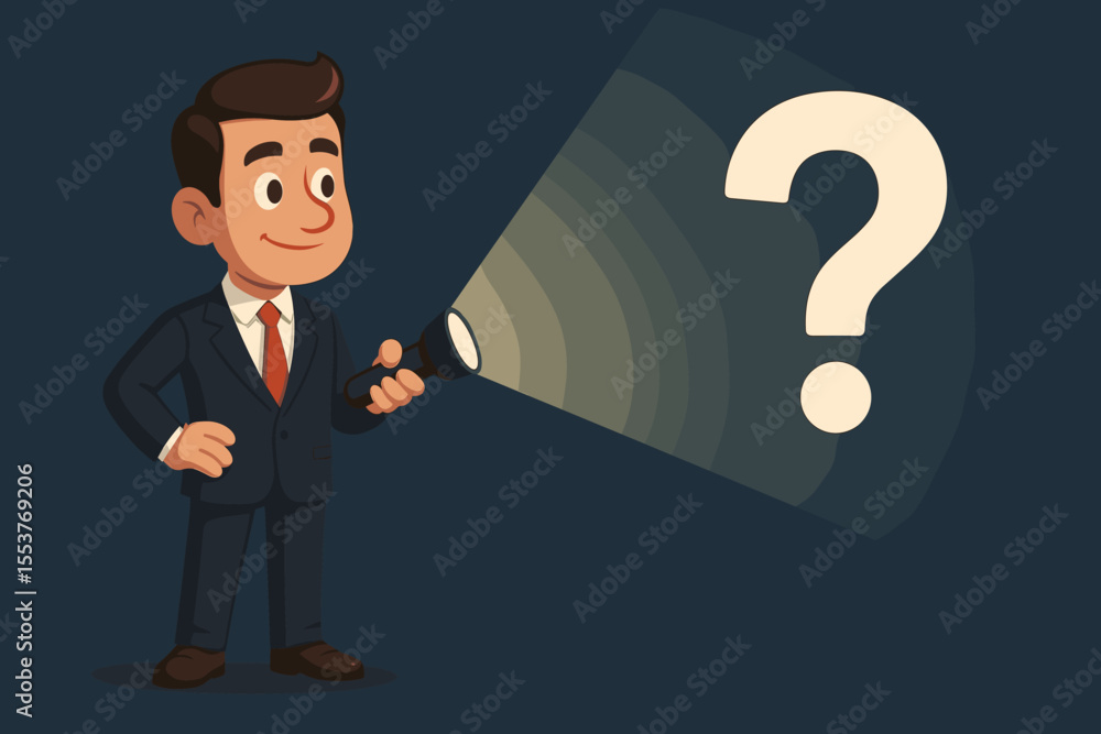 Poster businessman with flashlight illuminating a question mark. business concept for finding solutions, st