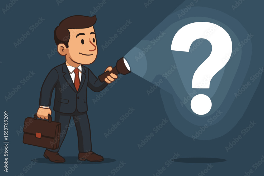 Poster businessman searching for solutions with flashlight, question mark symbolizing uncertainty, decision