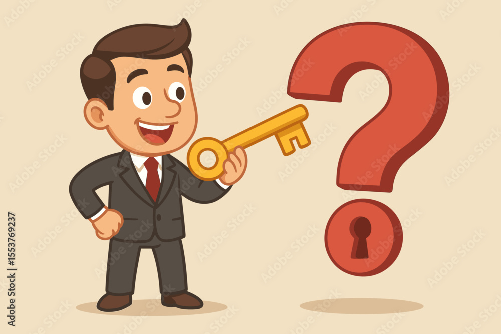 Poster businessman holding golden key unlocking question mark. concept solving problems, finding solutions,