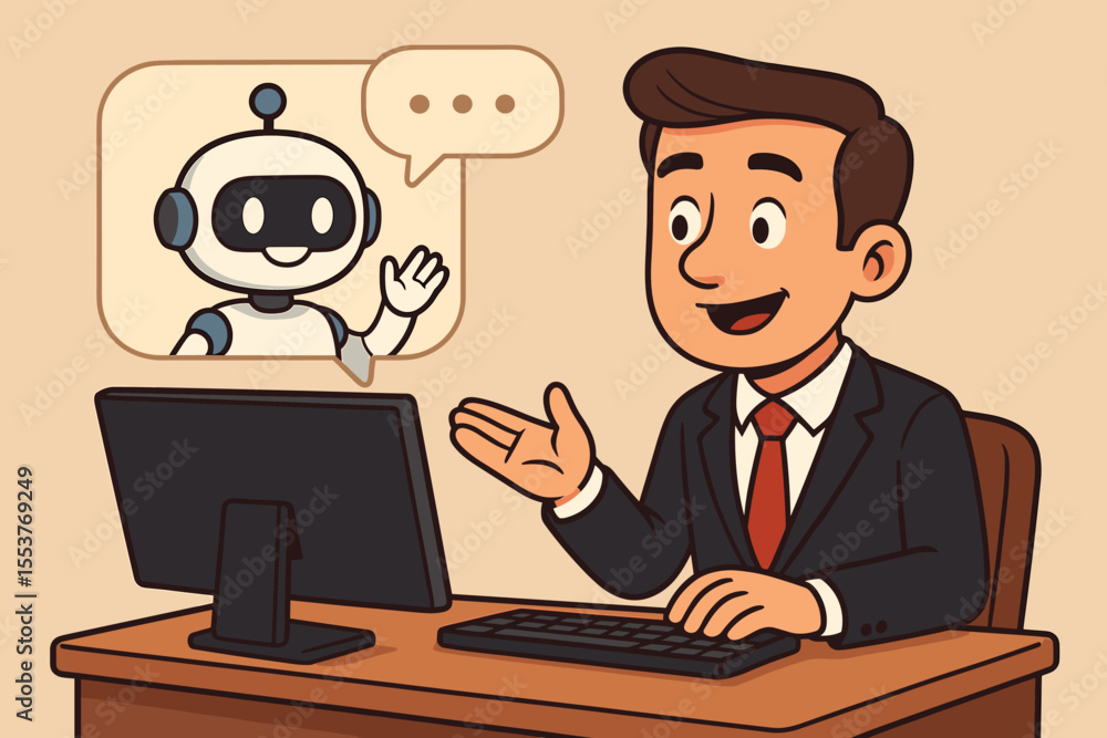 Poster cartoon businessman interacting with ai chatbot on computer for customer service support, virtual as