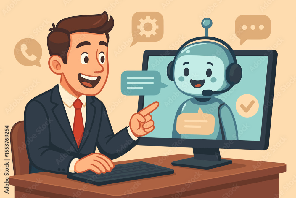Aufkleber businessman interacting with ai chatbot on computer, customer service support, virtual assistant com