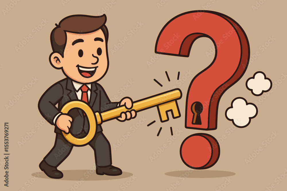 Poster cartoon businessman unlocking solution to problem with golden key and red question mark. concept of 
