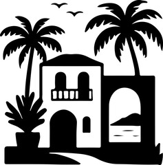 Obraz premium A sunlit Mediterranean villa near the sea, flanked by palm trees with a sailboat drifting across the horizon