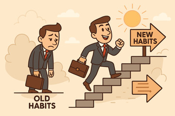 Businessman changing old habits to new habits, climbing stairs, career growth, self improvement, positive change, motivation, success, personal development, cartoon vector illustration