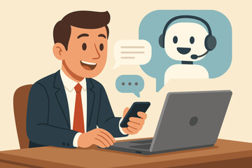 Businessman using AI chatbot virtual assistant for customer service support, communication technology, digital help desk, online business solutions, mobile and laptop interaction, vector illustration