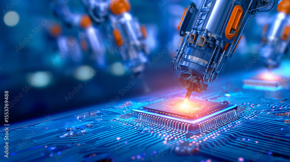 Poster robotic arms carefully manipulate and install microchips on a glowing circuit board within a high-te