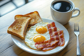 Homemade American breakfast. Fried eggs with bacon and toast, a cup of coffee and a fork on a wooden table. Healthy breakfast. The concept of healthy eating. Morning Sunlight