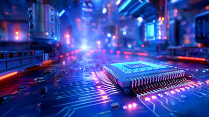 A close-up view of a microchip illuminated by colorful lights, showcasing intricate circuitry and a high-tech setting