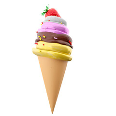 A colorful ice cream cone topped with a strawberry, showcasing multiple flavors in a fun, inviting presentation.