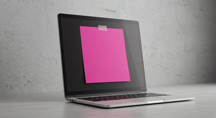 Laptop with pink sticky note on screen against concrete wall