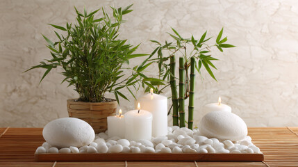 Zen-Inspired Corner with Pebbles, Greenery and Candles Peaceful tabletop with smooth white pebbles, a green bamboo stalk, and white candles. Balanced and calming.