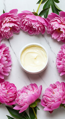 Cream Jar Surrounded by Pink Peonies on Marble