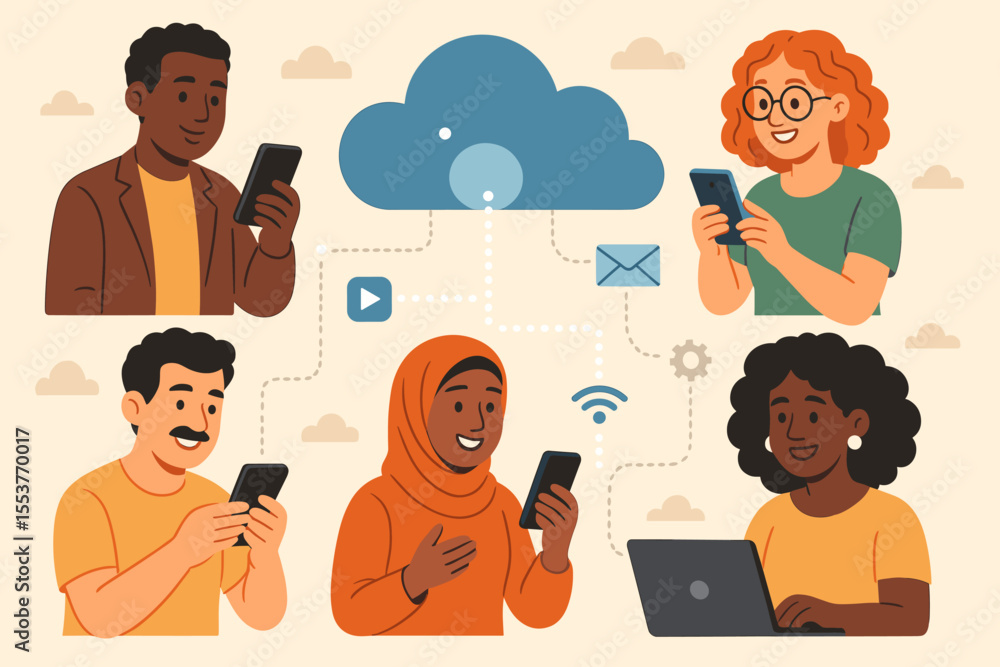 Poster multicultural group using smartphones and laptop connected via cloud computing, wireless technology,