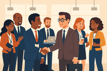 Diverse business professionals networking at corporate conference event. Teamwork, collaboration, handshake, communication, partnership, business meeting, office environment, vector illustration