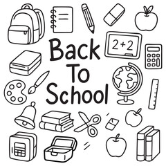 Back to School Doodle Icon Set – Black and White Hand-Drawn Vector Illustration of School Supplies and Education Symbols