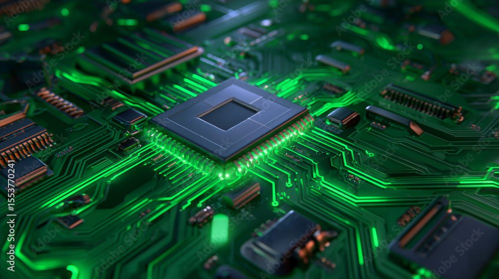 Poster a detailed view of a circuit board featuring a microprocessor at its center, illuminated by vibrant 
