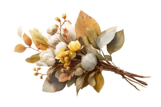 PNG Dried autumn bouquet of leaves and flowers with cotton pods on black background