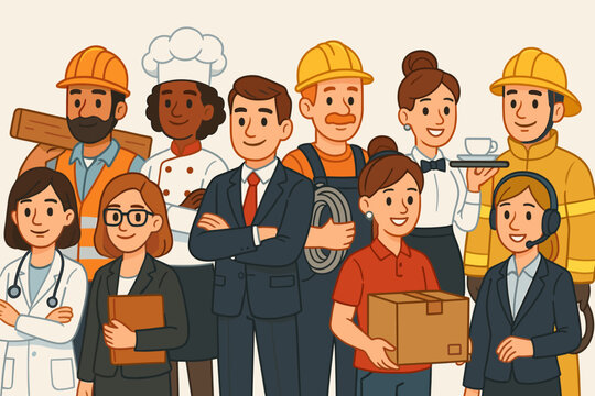 Diverse group of cartoon professionals in various occupations. Doctor, businesswoman, construction worker, chef, engineer, waiter, delivery, firefighter, teamwork, career concept vector illustration