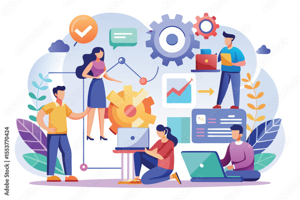 Poster project development teamwork in a creative environment with flat vector illustrations showcasing col