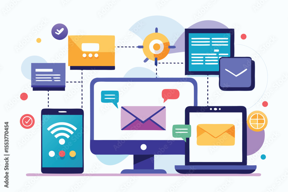 Poster digital messaging between devices showcases communication technology in a modern, interconnected env