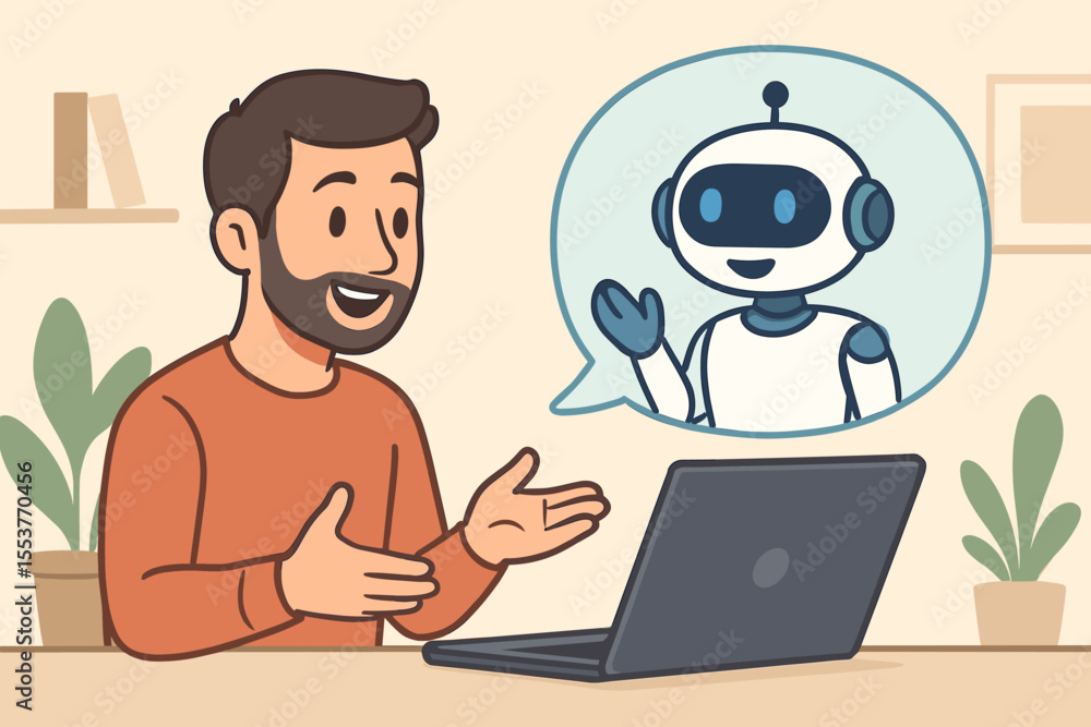 Poster man chatting with ai chatbot on laptop, digital communication, artificial intelligence interaction, 
