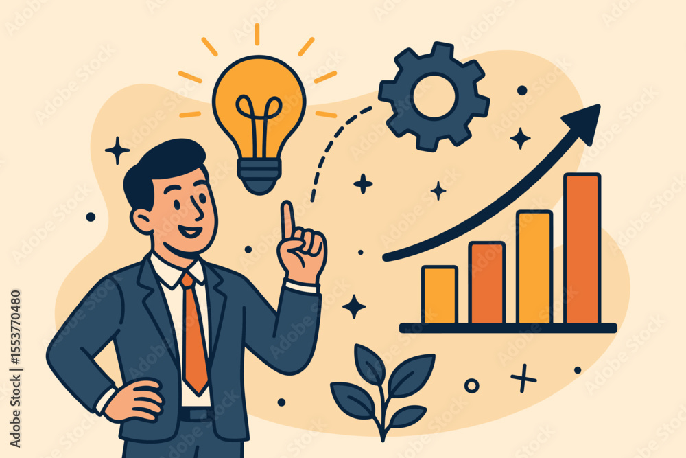 Poster innovative thinking and creativity boosting business productivity. businessman with a new lightbulb 
