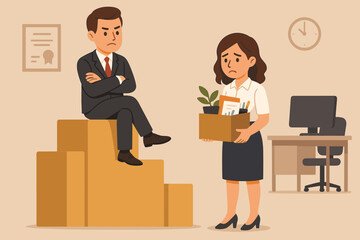 Gender inequality in the workplace. Sad fired woman employee holding a box of belongings. Angry male boss on a pedestal represents sexism, discrimination, and unfair treatment.