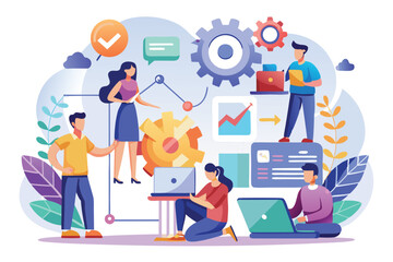 Project development teamwork in a creative environment with flat vector illustrations showcasing collaboration and innovation