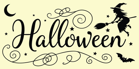 Whimsical Halloween artwork showing a moon, star,  bats, witch, and calligraphy-style 