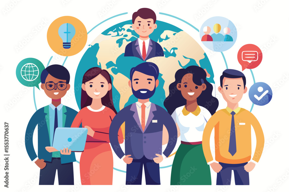 Poster team of six global office workers collaborating in a modern setting with a world map background