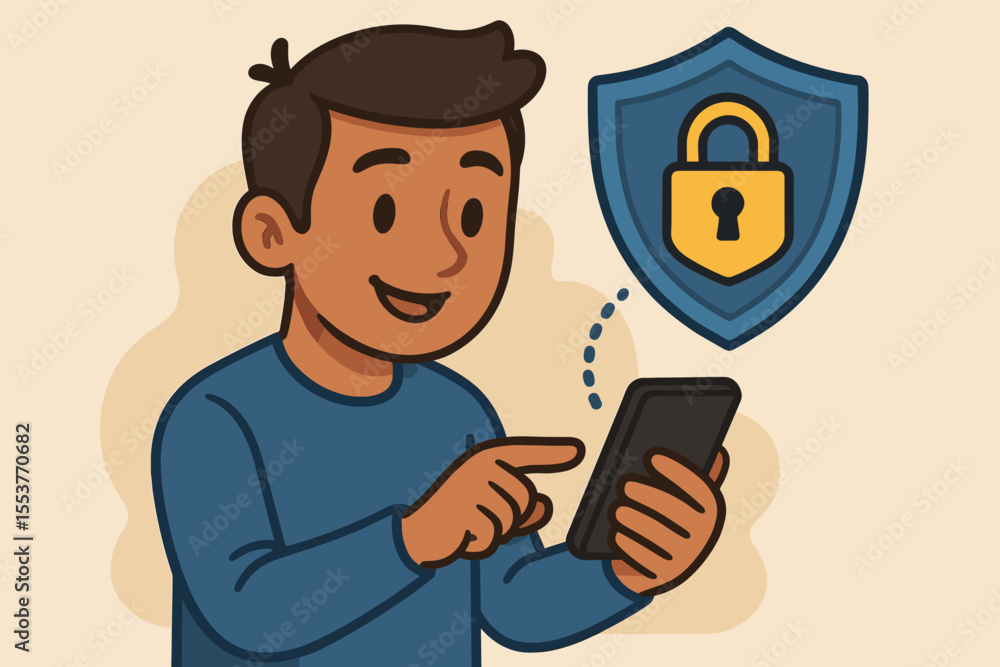 Poster smiling man using smartphone with secure connection. cartoon vector illustration of online privacy, 