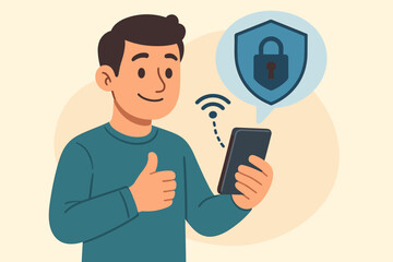 Secure mobile phone connection concept. Cartoon man using smartphone with padlock shield icon. Data privacy, internet security, wireless protection, safe online communication vector illustration
