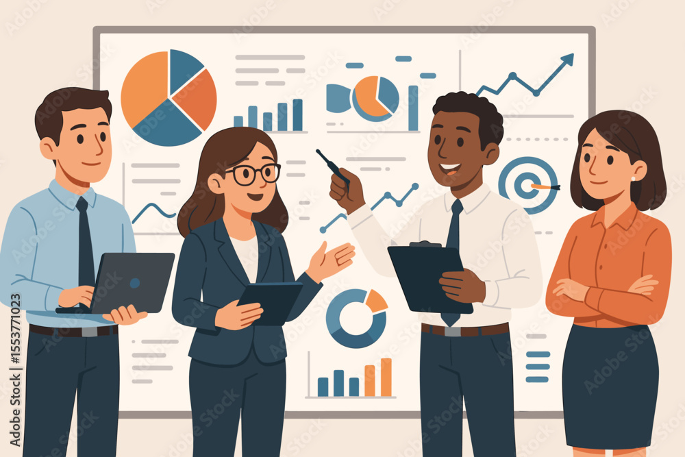 Poster diverse business team analyzing data charts and graphs, discussing financial metrics, kpis, and perf