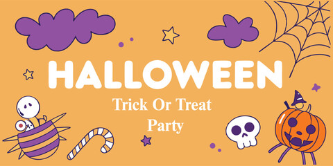 Fun Halloween party poster with cute illustrations of spider, skull, pumpkin, and candy. Bold white “Trick or Treat Party” text pops on a bright orange background.