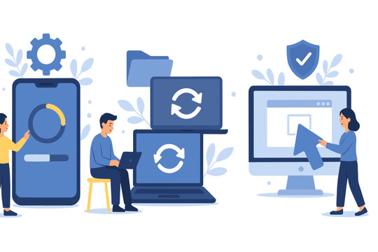 Technology system update progress, data synchronization, software installation process, device integration, secure cloud computing, digital workflow, IT support, vector illustration