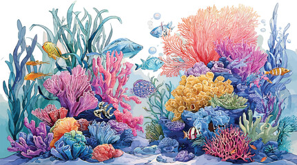 Naklejka premium A vibrant underwater garden with colorful tropical fish swimming among blooming coral flowers