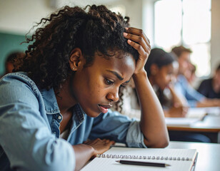 Worried teenager with tired eyes studying in classroom