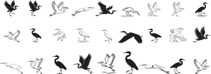 Black and White Heron Bird Silhouettes Line Art Collection