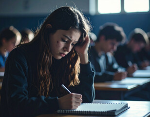 Teen Student Looking Confused in Classroom with Notebook